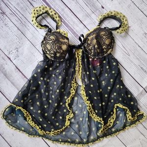 SALE/ Victoria Secret Black Bow Yellow Neon Polkadot Print Corset/ Sexy Top